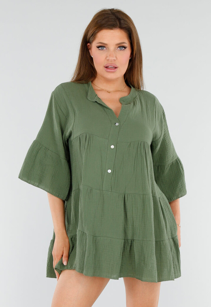 Khaki Tuniekjurk met Knoopsluiting en Driekwart Volantmouwen