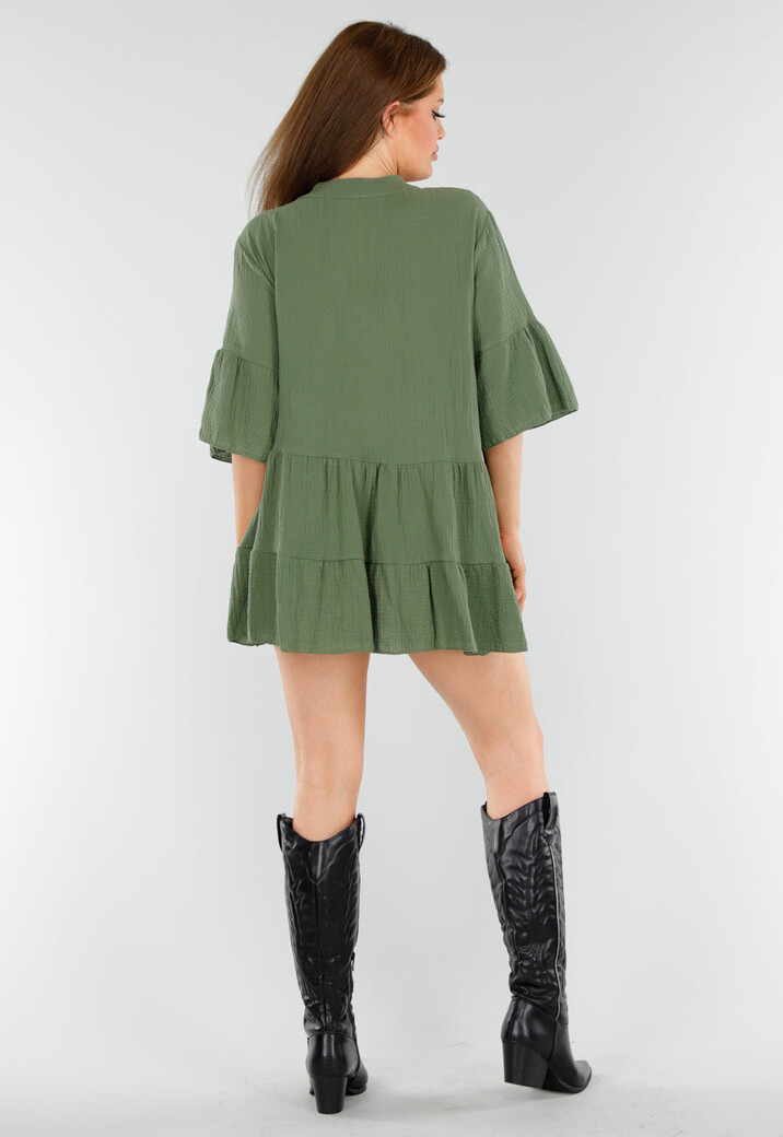 Khaki Tuniekjurk met Knoopsluiting en Driekwart Volantmouwen