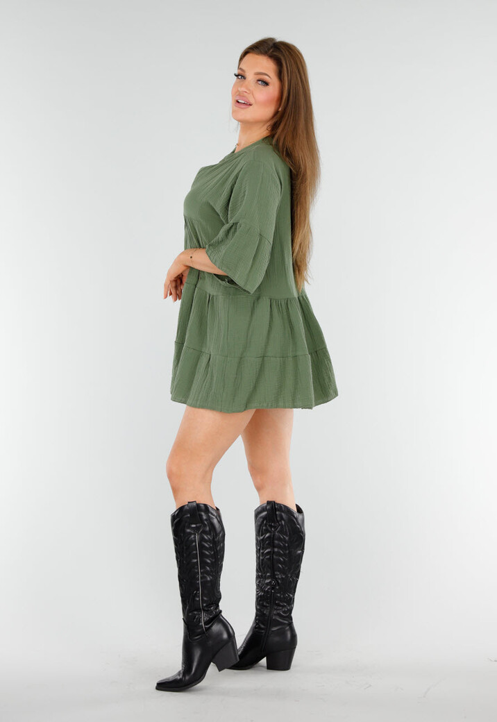 Khaki Tuniekjurk met Knoopsluiting en Driekwart Volantmouwen