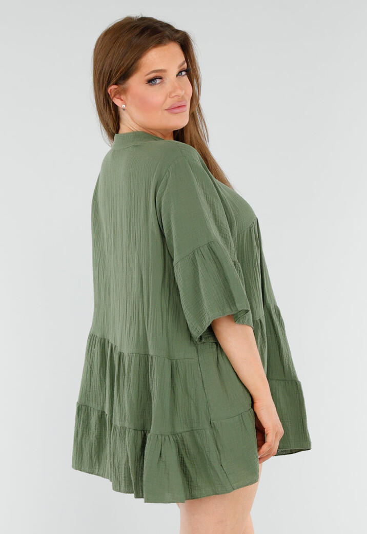 Khaki Tuniekjurk met Knoopsluiting en Driekwart Volantmouwen