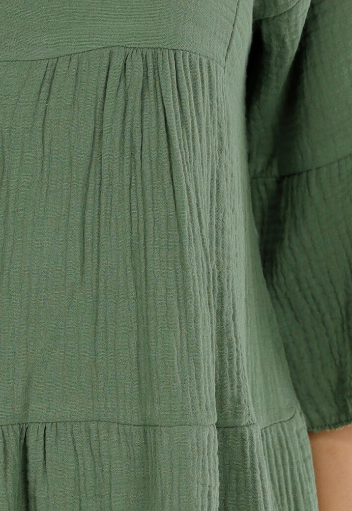 Khaki Tuniekjurk met Knoopsluiting en Driekwart Volantmouwen