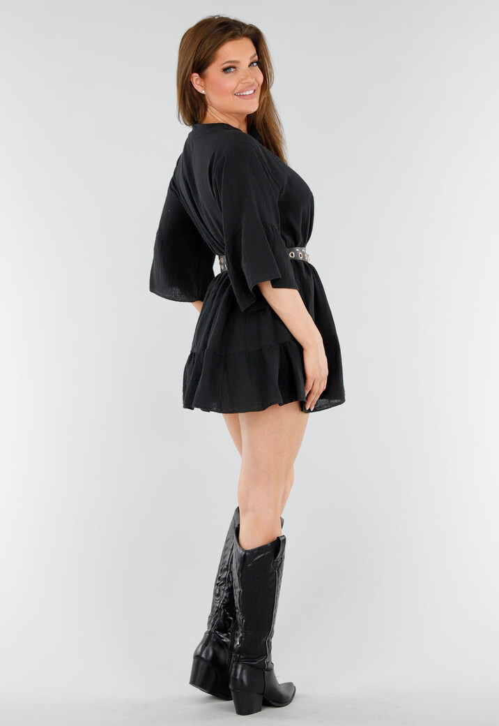 Zwarte Tuniekjurk met Knoopsluiting en Volantmouwen
