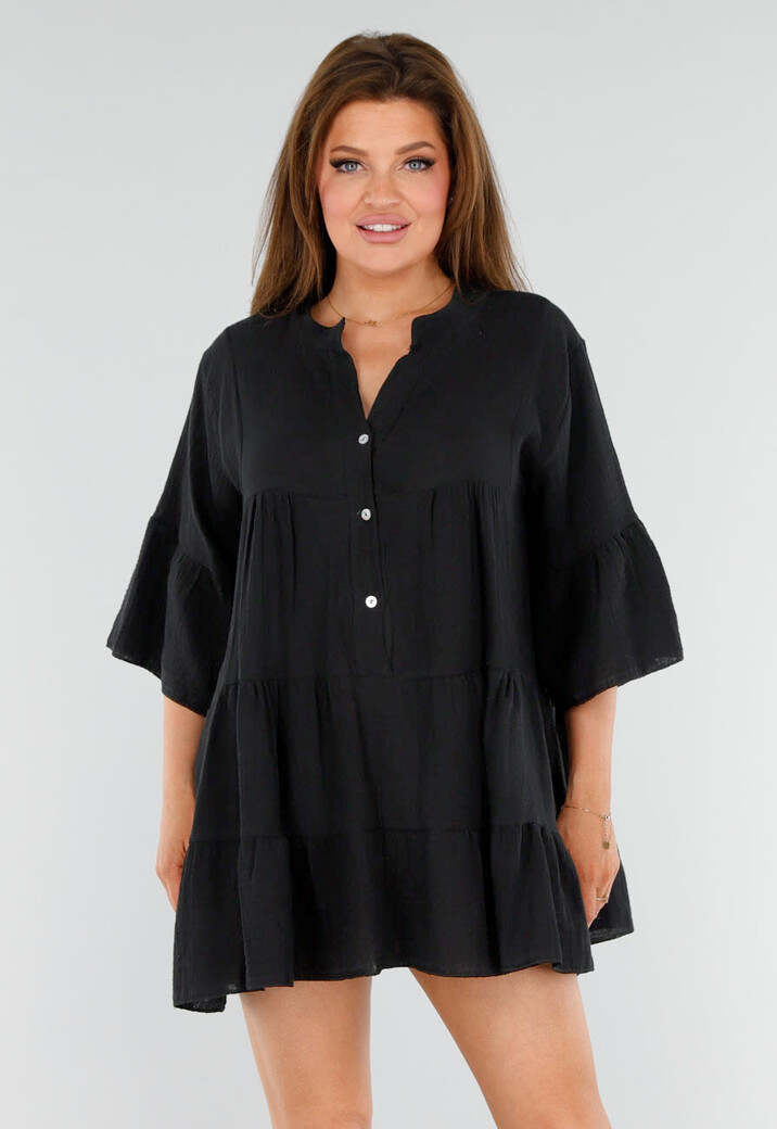 Zwarte Tuniekjurk met Knoopsluiting en Volantmouwen