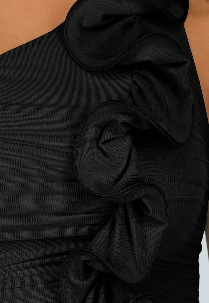 Zwarte One-Shoulder Jurk met Ruches en Split