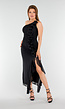 Zwarte One-Shoulder Jurk met Ruches en Split