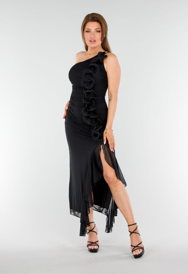 Zwarte One-Shoulder Jurk met Ruches en Split