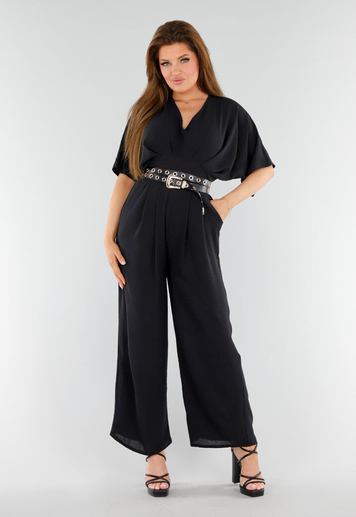 Zwarte Wijde Jumpsuit met V-Hals en Striksluiting op de Rug