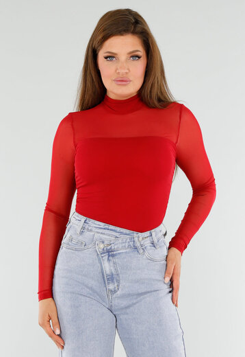 Rode Mesh Top Met Hoge Hals