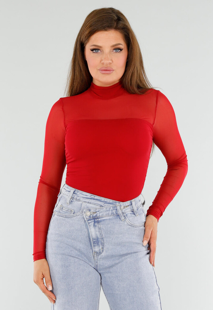 Rode Mesh Top Met Hoge Hals en Lange Mouwen
