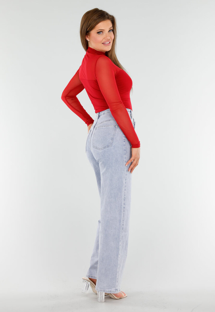 Rode Mesh Top Met Hoge Hals en Lange Mouwen