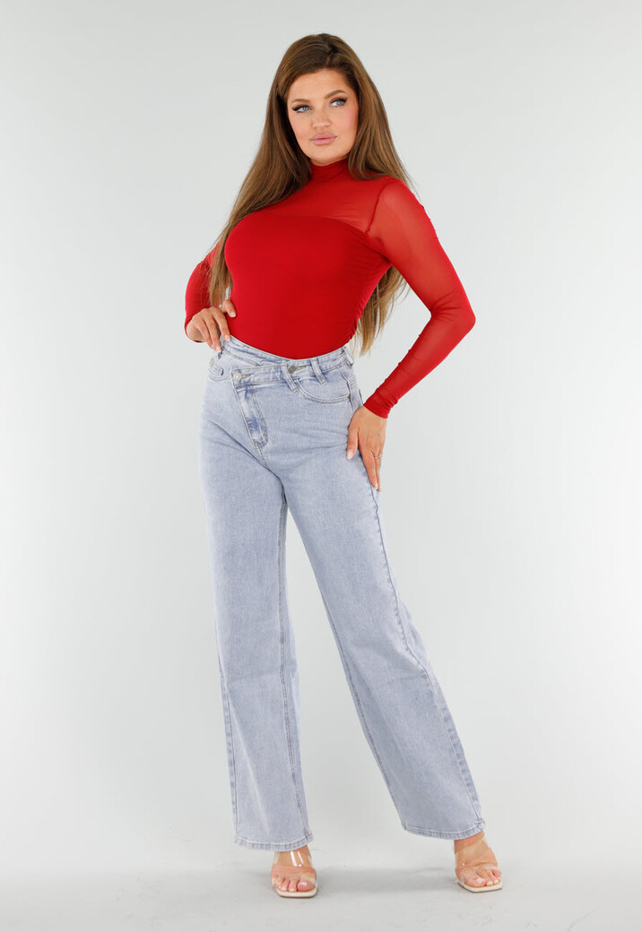 Rode Mesh Top Met Hoge Hals en Lange Mouwen