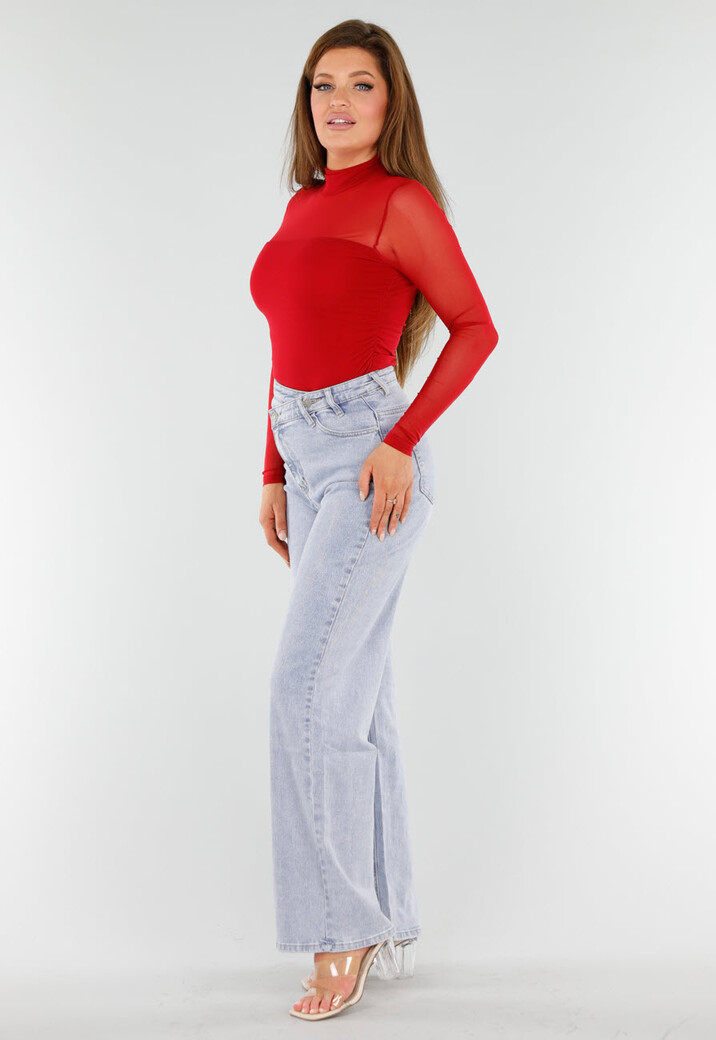 Rode Mesh Top Met Hoge Hals en Lange Mouwen