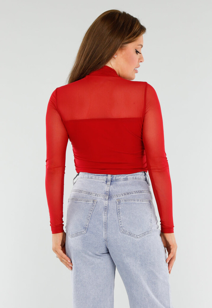 Rode Mesh Top Met Hoge Hals en Lange Mouwen