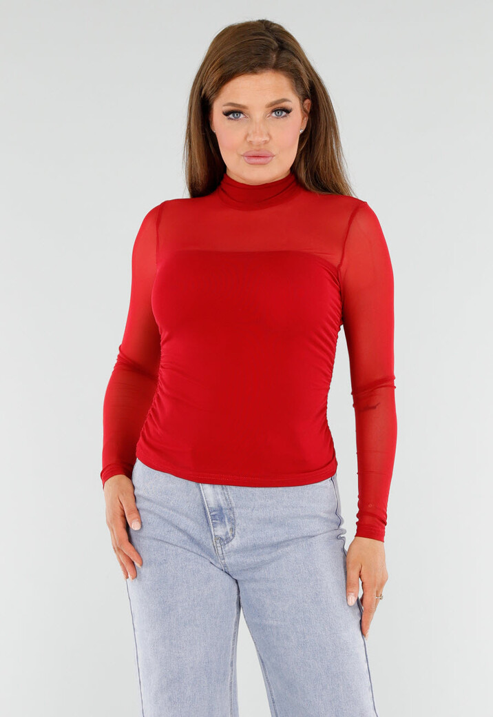 Rode Mesh Top Met Hoge Hals en Lange Mouwen