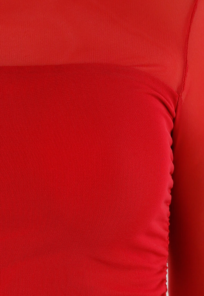 Rode Mesh Top Met Hoge Hals en Lange Mouwen
