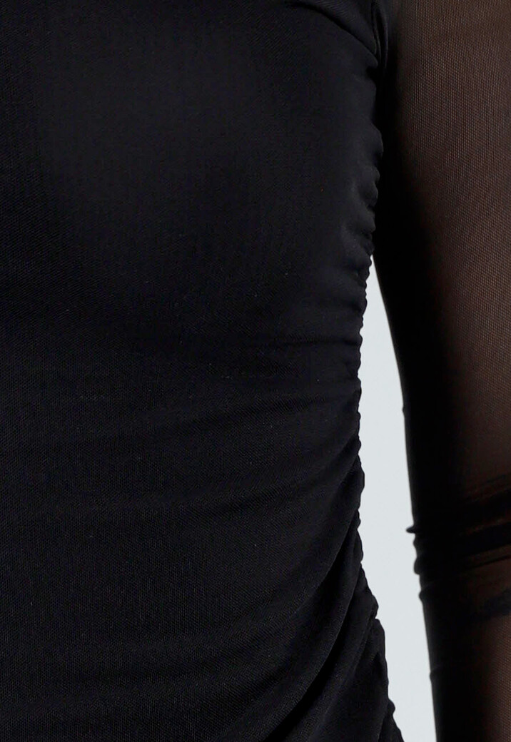 Zwarte Mesh Top Met Hoge Hals en Lange Mouwen