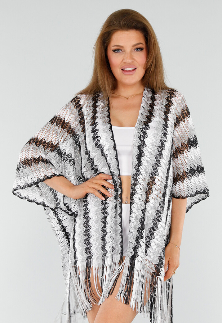Wit-Zwarte Cover-Up met Zigzagpatroon en Franjes