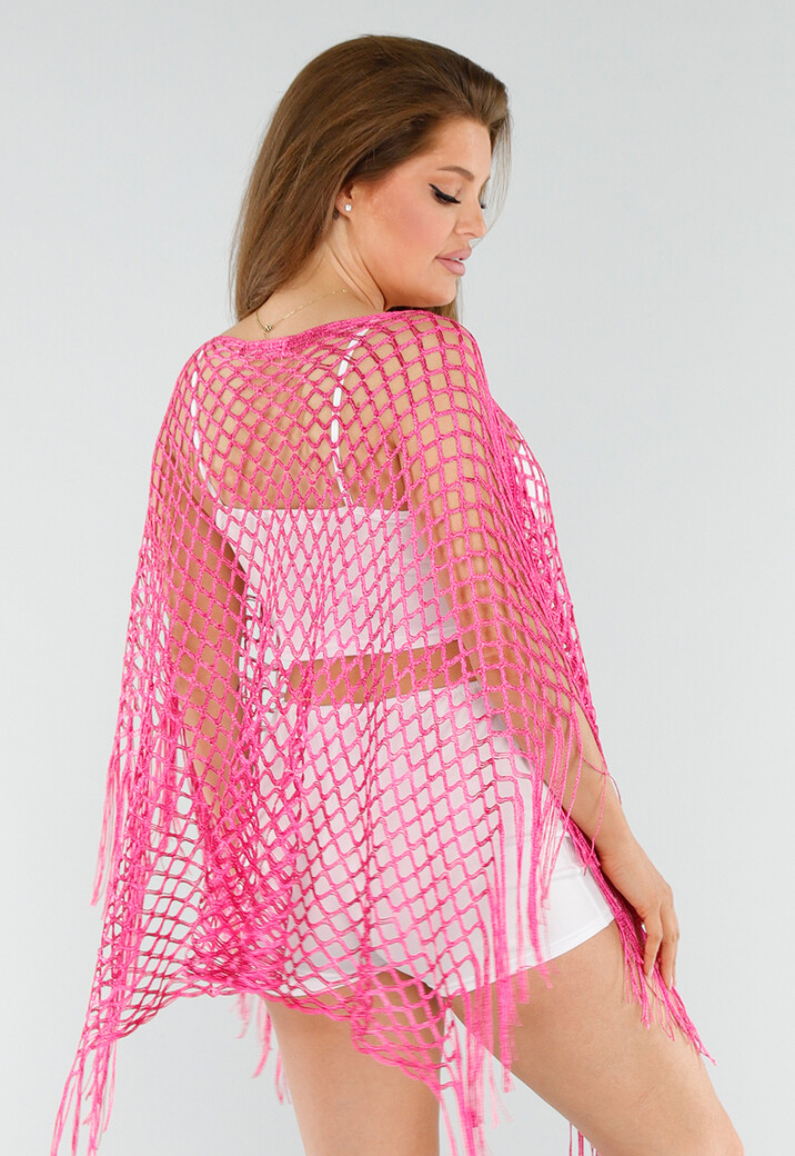 Fuchsia Netstof Cover-Up met Franjes en Open Ruitpatroon