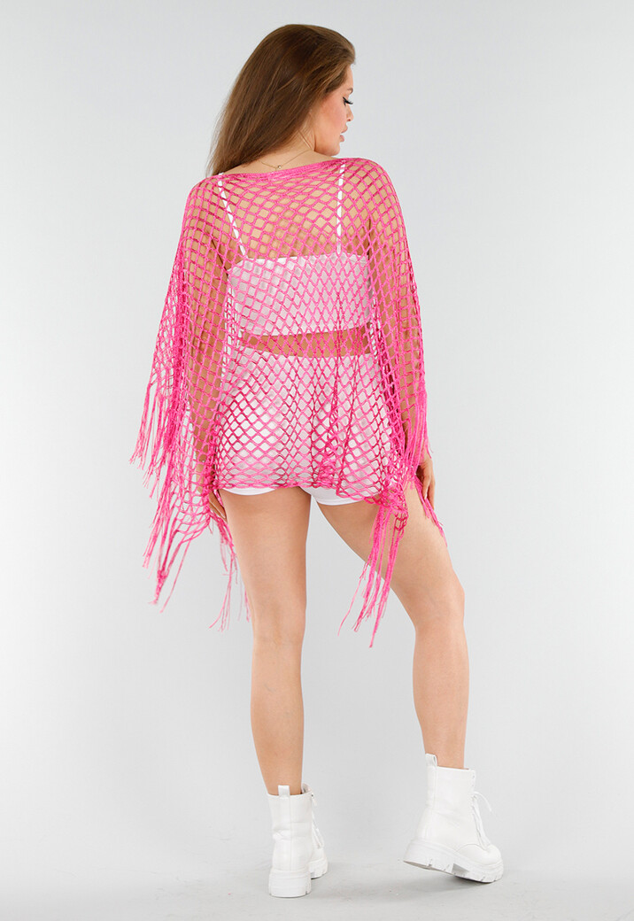 Fuchsia Netstof Cover-Up met Franjes en Open Ruitpatroon