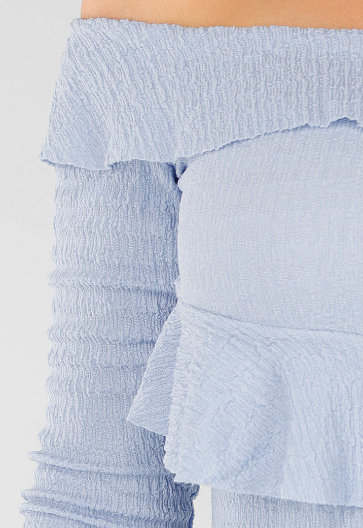 Lichtblauwe Off-Shoulder Jurk met Ruches en Stretchstof