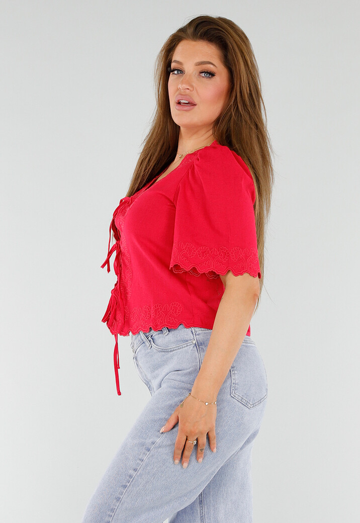 Rode Linnen Top met V-Hals en Striksluiting