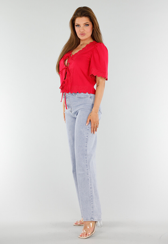 Rode Linnen Top met V-Hals en Striksluiting