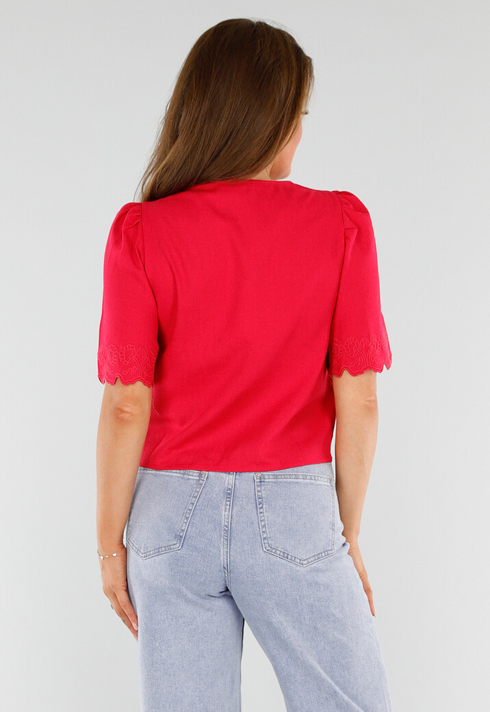 Rode Linnen Top met V-Hals en Striksluiting