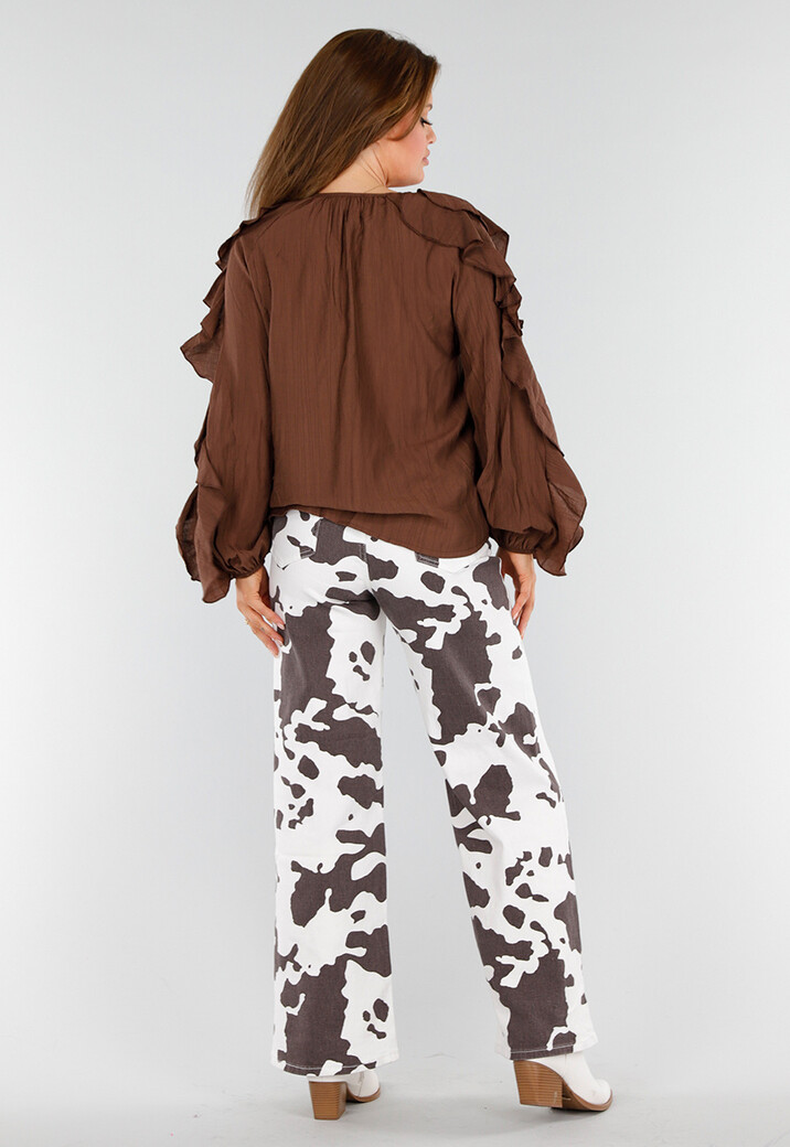 Bruine Blouse met Volants en Losvallende Ballonmouwen