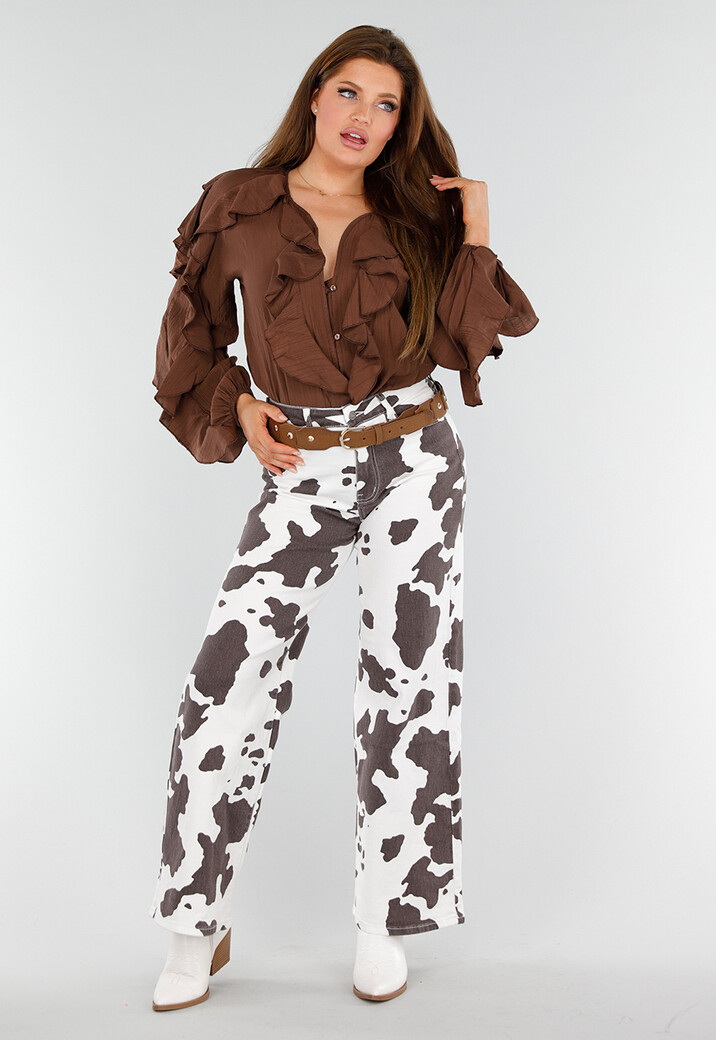 Bruine Blouse met Volants en Losvallende Ballonmouwen