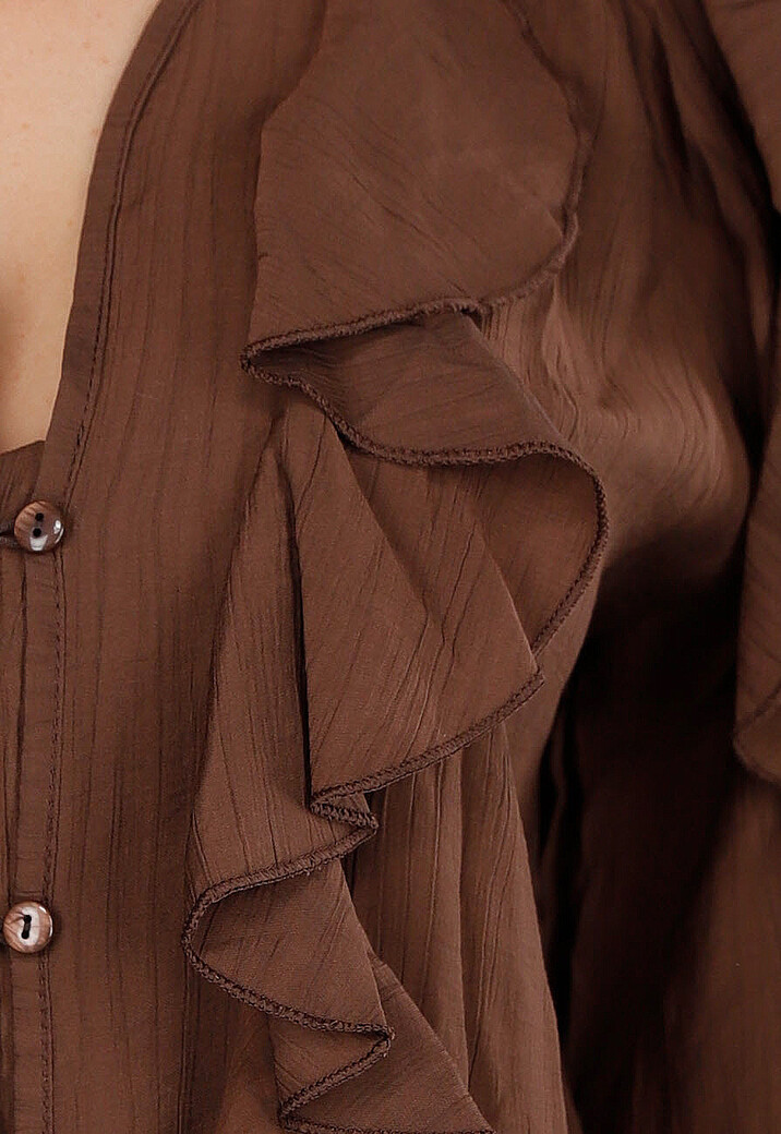 Bruine Blouse met Volants en Losvallende Ballonmouwen