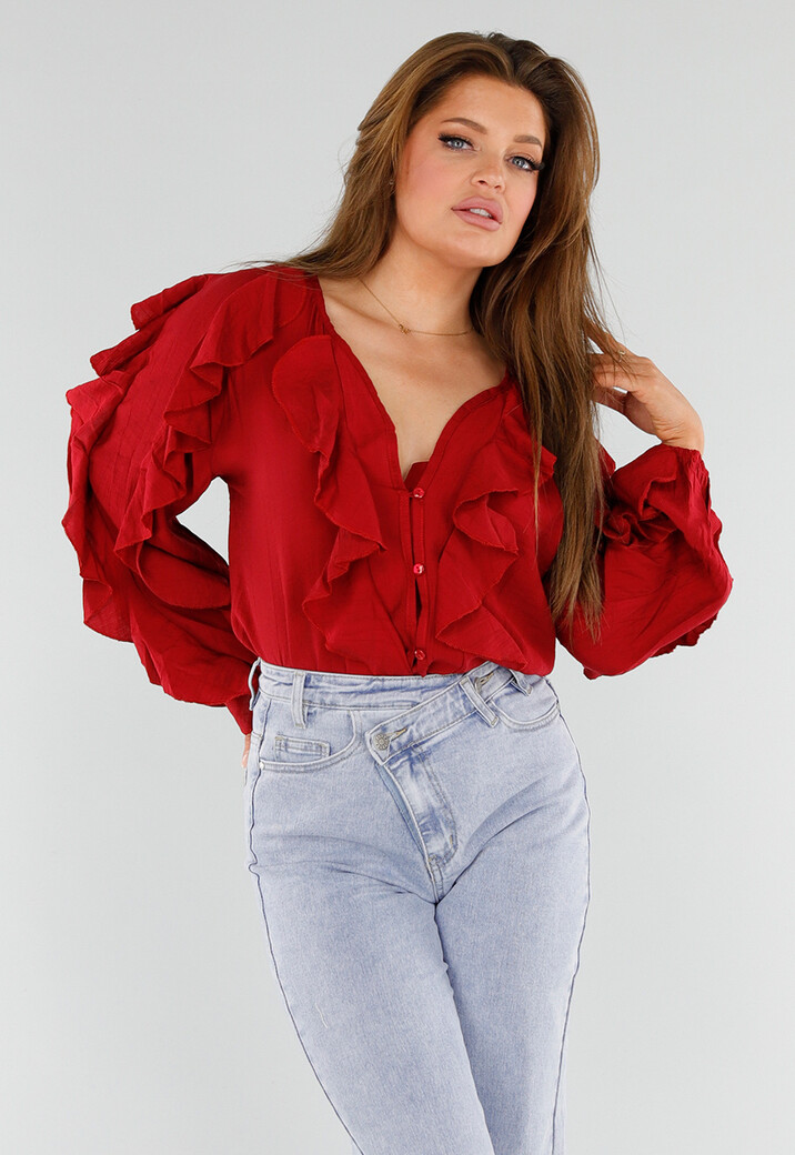 Rode Blouse met Volants en Losvallende Ballonmouwen