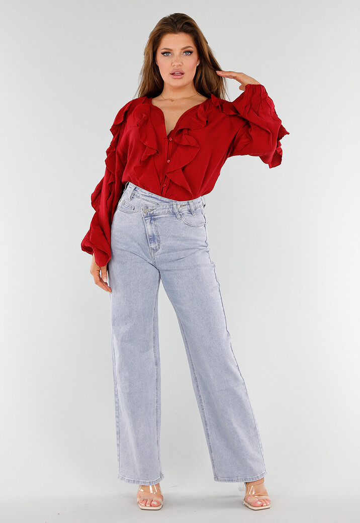 Rode Blouse met Volants en Losvallende Ballonmouwen