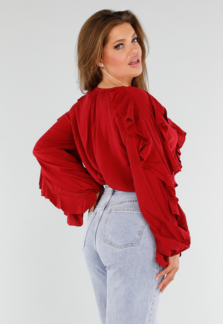 Rode Blouse met Volants en Losvallende Ballonmouwen