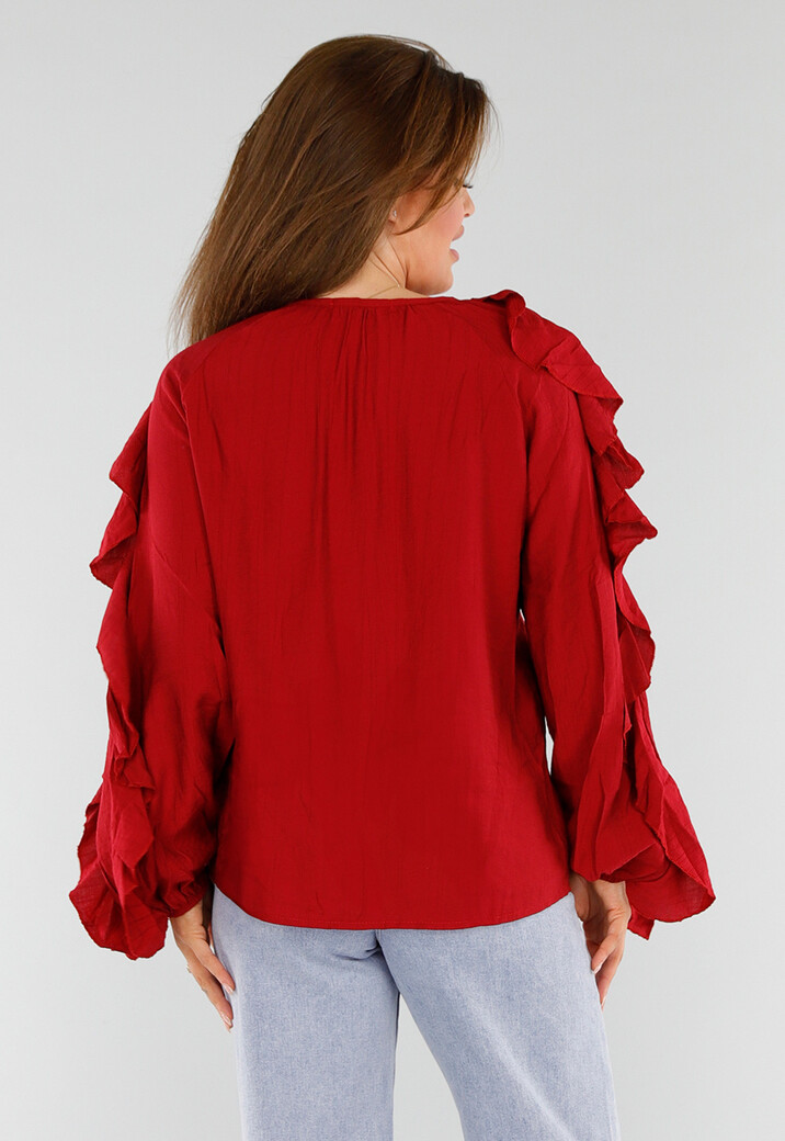 Rode Blouse met Volants en Losvallende Ballonmouwen