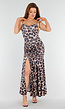Panterprint Stretch Maxi Jurk met Strikkoorden, Ruches en Split