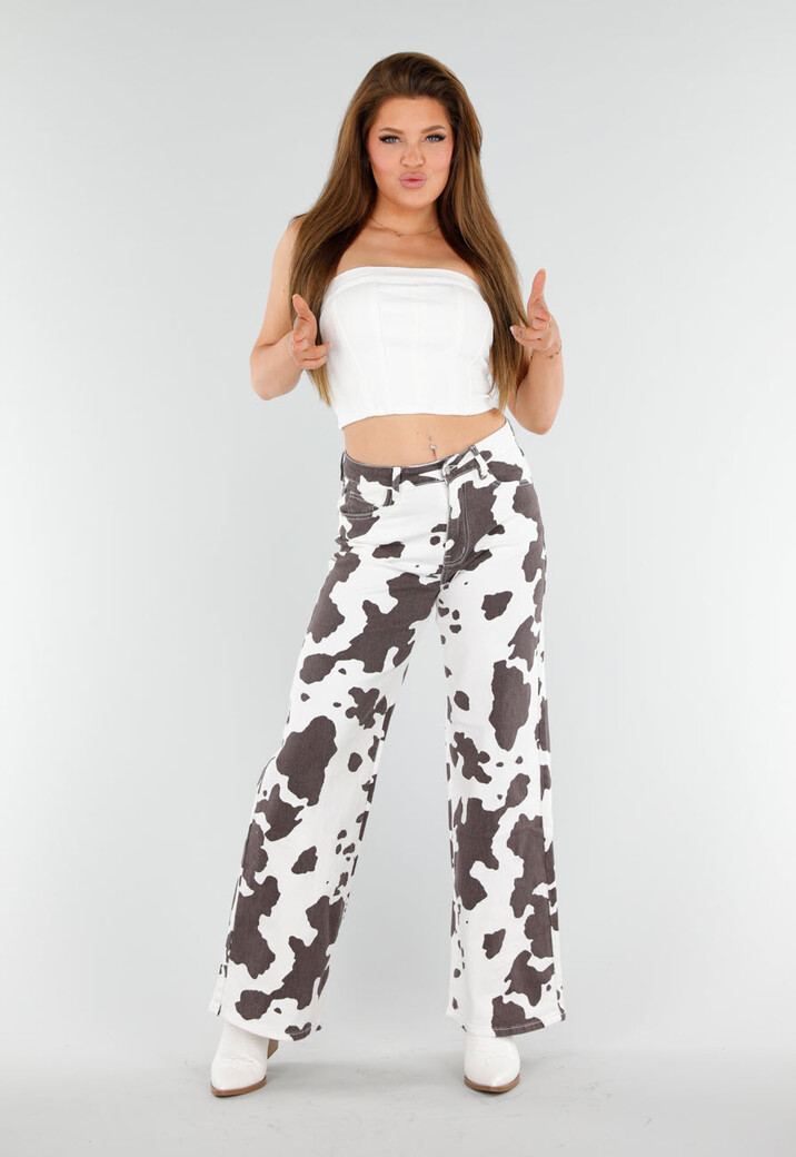 Wit-Bruine Koeienprint Jeans met Rechte Pijpen en High Waist