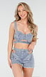 Blauwe Denim Set met Cut-Out Bustier en High Waist Short