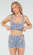 Blauwe Denim Set met Cut-Out Bustier en High Waist Short