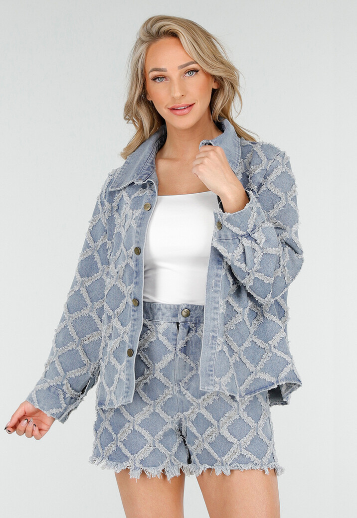 Blauwe Denim 2-Piece met Gerafelde Ruitstructuur