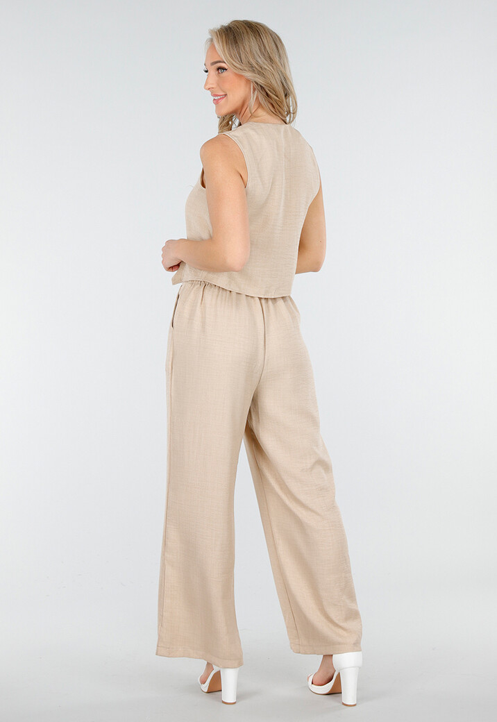 Beige Linnenlook 2-Piece Set met Gilet en Wijde Broek