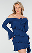 Petrolkleurige Off Shoulder Jurk met Volants en Lange Mouwen