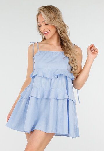 Lichtblauwe Volantjurk van Katoen