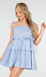 Lichtblauwe Volantjurk met Spaghettibandjes en Linnenlook
