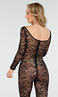Elegante Zwarte Lace Catsuit Jumpsuit met Lange Mouwen en Doorschijnende Details