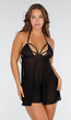 Zwarte Mesh Babydoll Set met Kanten Details