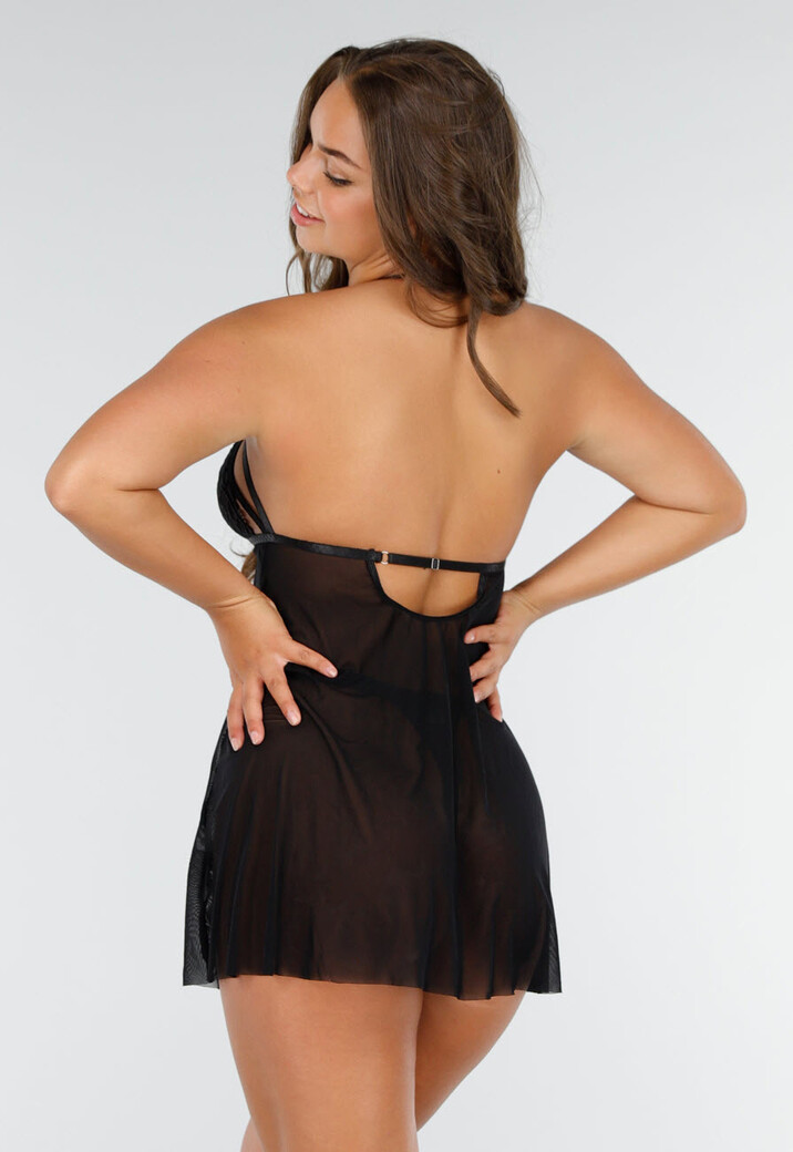 Zwarte Mesh Babydoll Set met Kanten Details