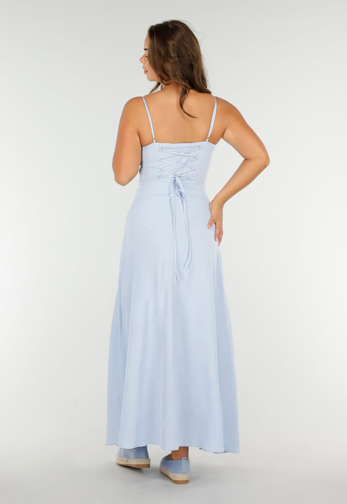 Lichtblauwe Maxi-Jurk met Spaghetti Bandjes en Vetersluiting