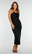Zwarte Stretch Jurk Met Spaghettibandjes en Watervalhals