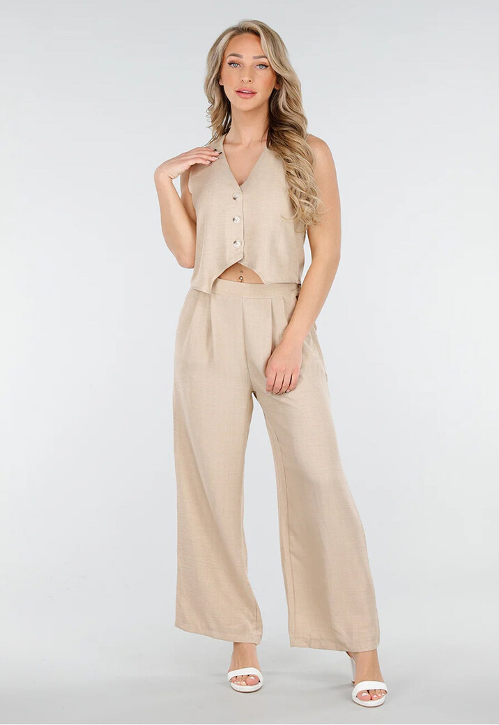 Beige Linnenlook 2-Piece Set met Gilet en Wijde Broek