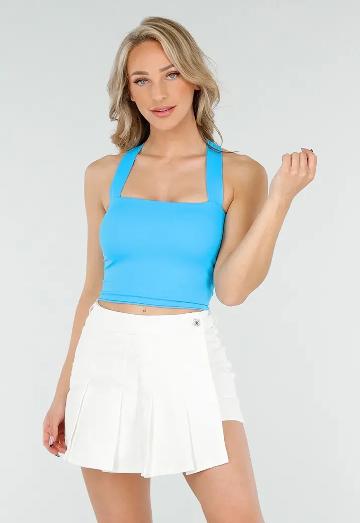 Blauwe Crop Top met Vierkante Hals en Brede Bandjes